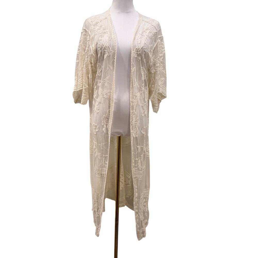 Sirenlily Maternity Ivory Embroidered Lace Mesh Longline Kimono Duster XL Boho